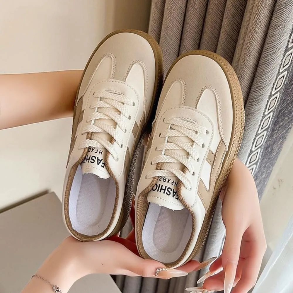 Mule Sneakers for Women Backless Tennis Shoes Slip on Open Back Sneakers Wide Width Platform Casual Slides Non Slip Chunky Sole Lace Up Breathable Leather Round Toe Lightweight Comfort House Slippers
