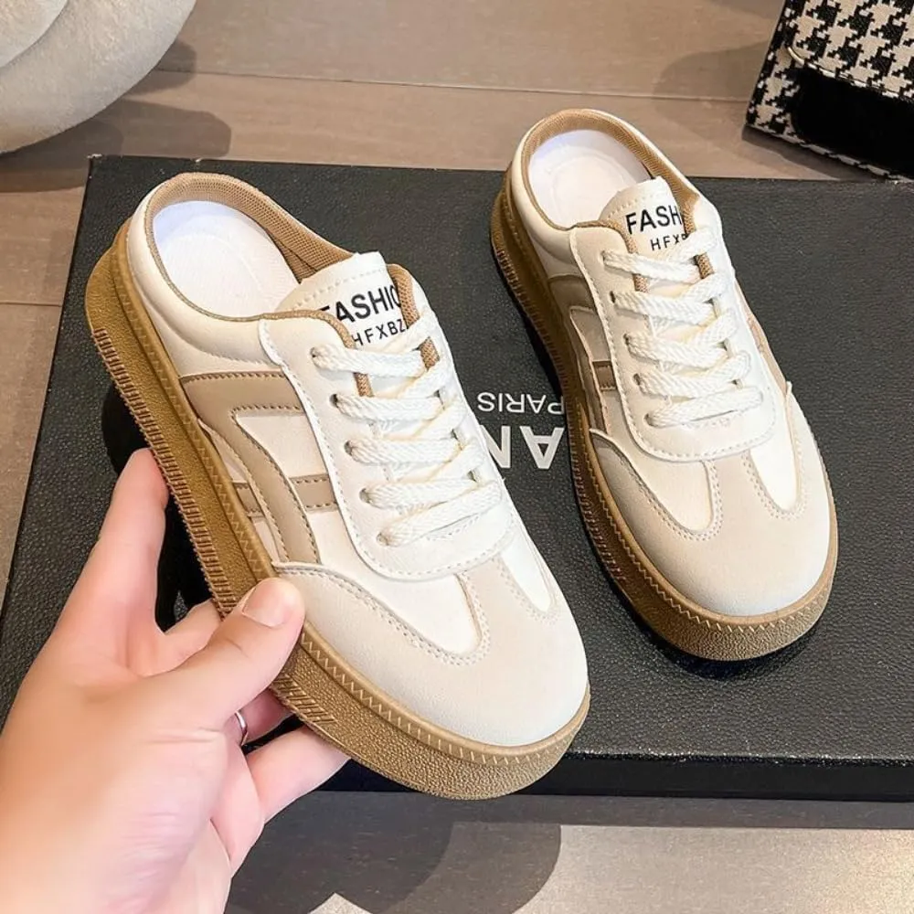 Mule Sneakers for Women Backless Tennis Shoes Slip on Open Back Sneakers Wide Width Platform Casual Slides Non Slip Chunky Sole Lace Up Breathable Leather Round Toe Lightweight Comfort House Slippers