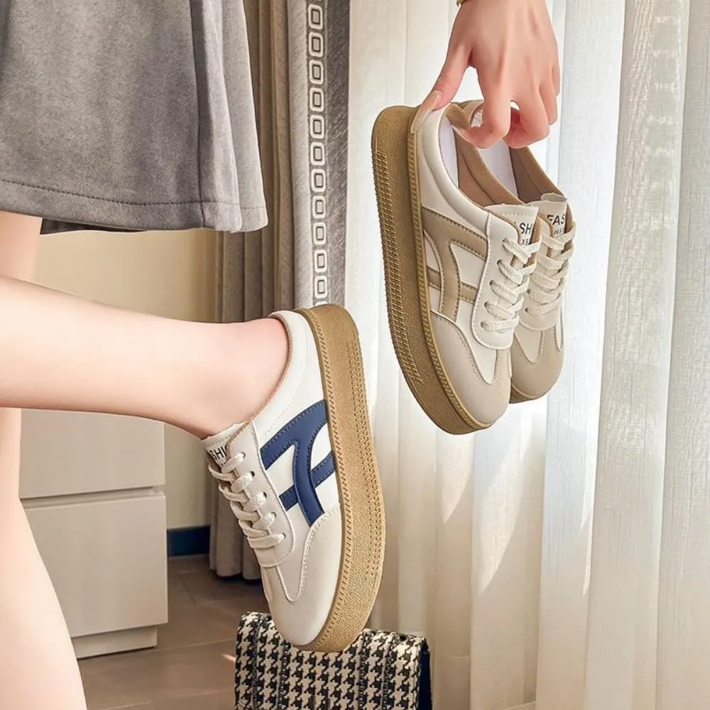 Mule Sneakers for Women Backless Tennis Shoes Slip on Open Back Sneakers Wide Width Platform Casual Slides Non Slip Chunky Sole Lace Up Breathable Leather Round Toe Lightweight Comfort House Slippers