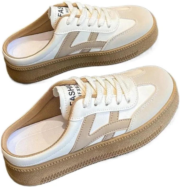 Mule Sneakers for Women Backless Tennis Shoes Slip on Open Back Sneakers Wide Width Platform Casual Slides Non Slip Chunky Sole Lace Up Breathable Leather Round Toe Lightweight Comfort House Slippers