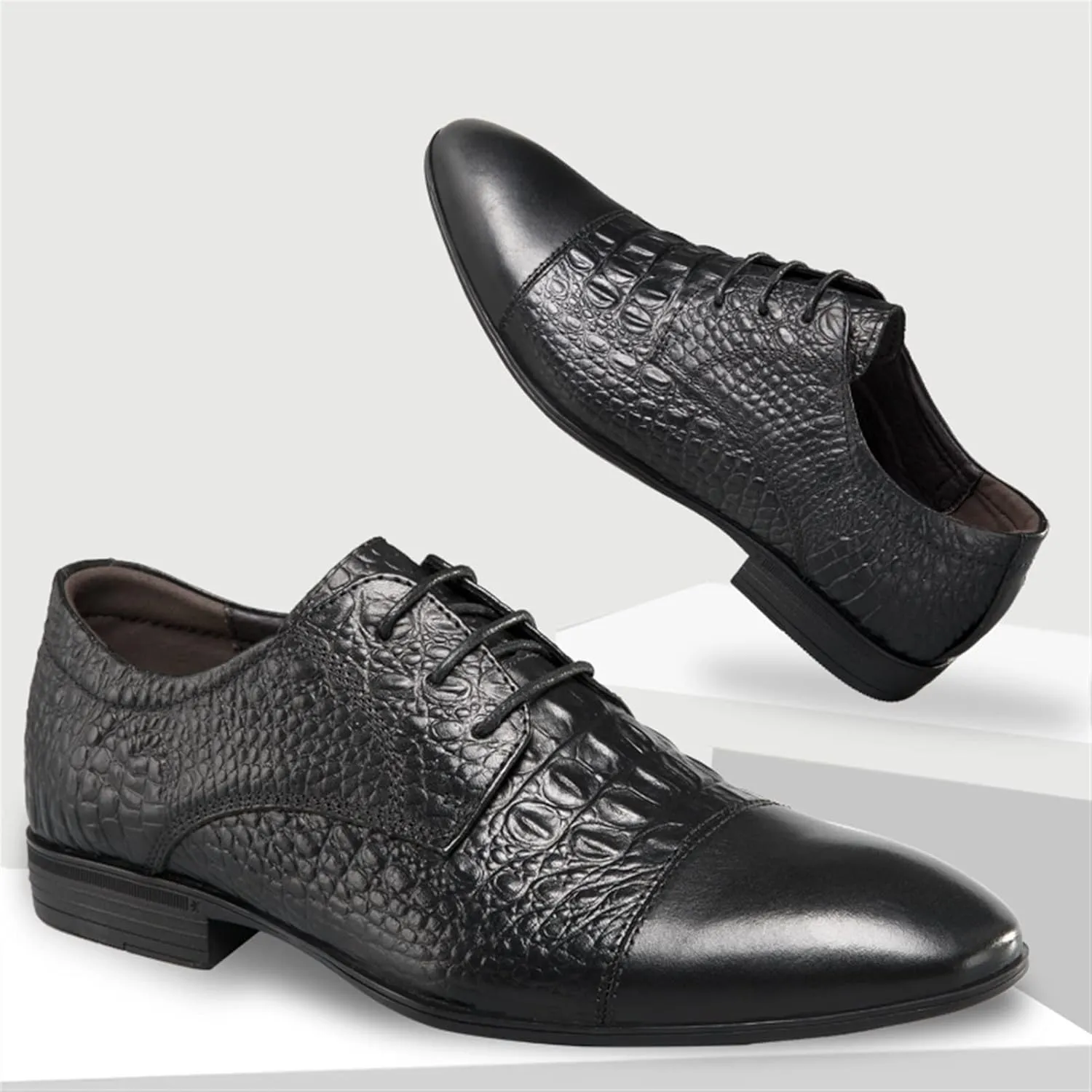 New Formal Shoes for Men Lace Up Cap Toe Crocodile Embossed Derby Shoes Leather Non Slip Resistant Block Heel Anti-Slip Low Top Party