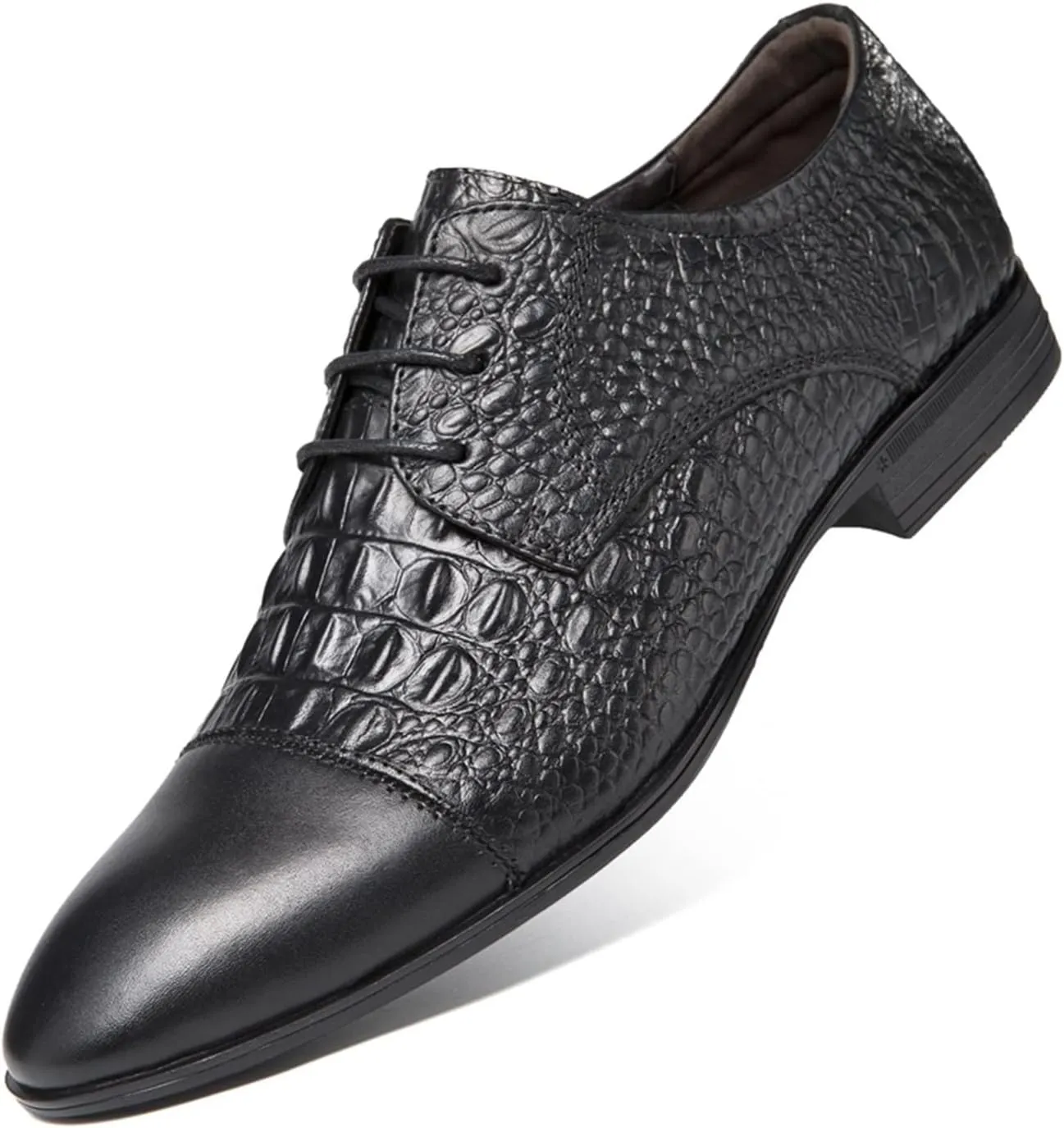 New Formal Shoes for Men Lace Up Cap Toe Crocodile Embossed Derby Shoes Leather Non Slip Resistant Block Heel Anti-Slip Low Top Party