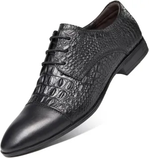 New Formal Shoes for Men Lace Up Cap Toe Crocodile Embossed Derby Shoes Leather Non Slip Resistant Block Heel Anti-Slip Low Top Party