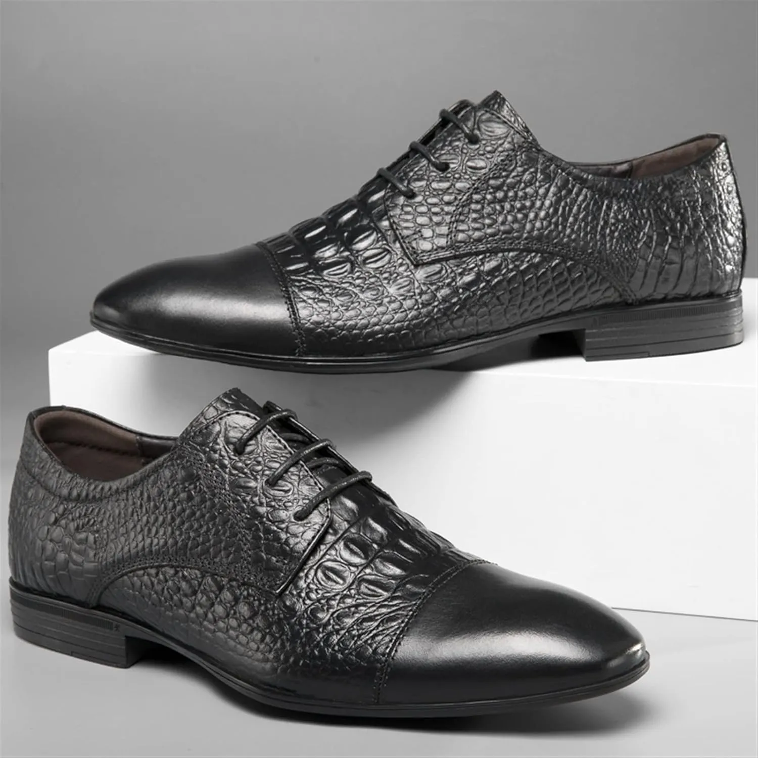 New Formal Shoes for Men Lace Up Cap Toe Crocodile Embossed Derby Shoes Leather Non Slip Resistant Block Heel Anti-Slip Low Top Party