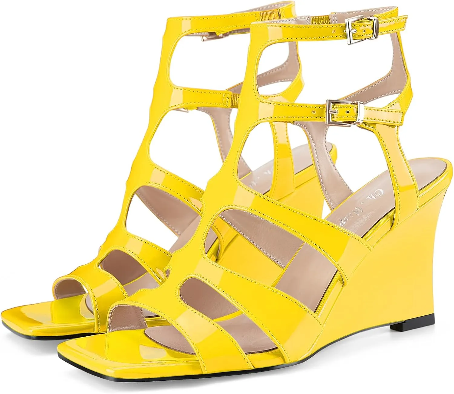 Oh Mispares Gladiator Sandals for Women Square Open Toe T-Strap Wedge Sandals Two Buckle Ankle Strap Heeled Strappy Heels Party Dressy Summer