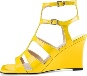 Oh Mispares Gladiator Sandals for Women Square Open Toe T-Strap Wedge Sandals Two Buckle Ankle Strap Heeled Strappy Heels Party Dressy Summer