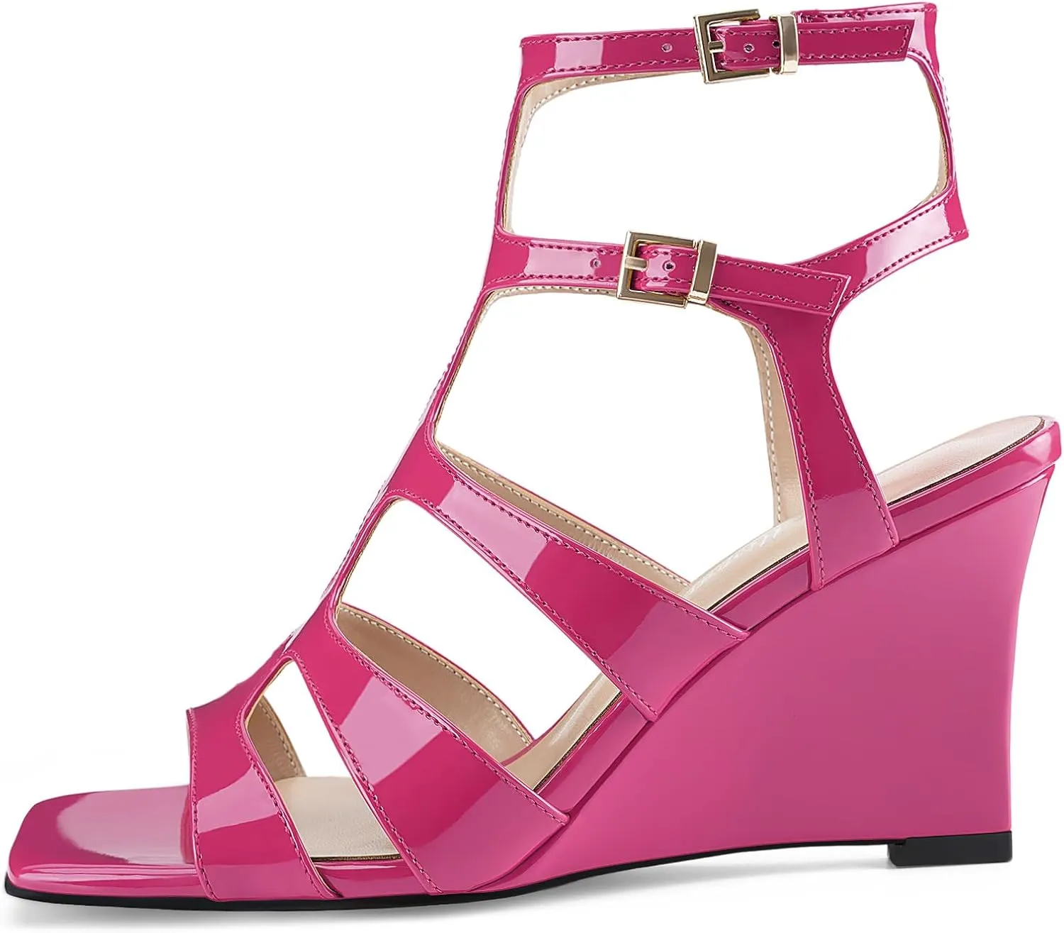 Oh Mispares Gladiator Sandals for Women Square Open Toe T-Strap Wedge Sandals Two Buckle Ankle Strap Heeled Strappy Heels Party Dressy Summer