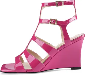 Oh Mispares Gladiator Sandals for Women Square Open Toe T-Strap Wedge Sandals Two Buckle Ankle Strap Heeled Strappy Heels Party Dressy Summer