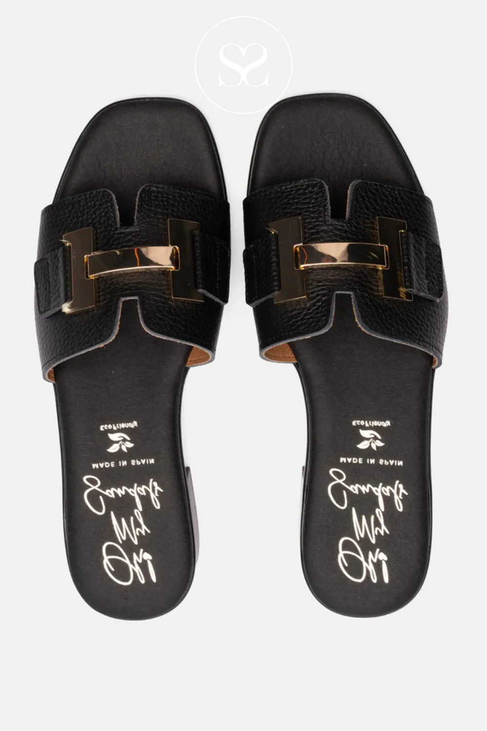 OH MY SANDALS 5605 BLACK LEATHER HEELED SLIDER SANDALS