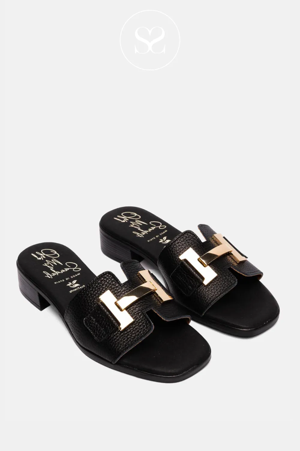 OH MY SANDALS 5605 BLACK LEATHER HEELED SLIDER SANDALS