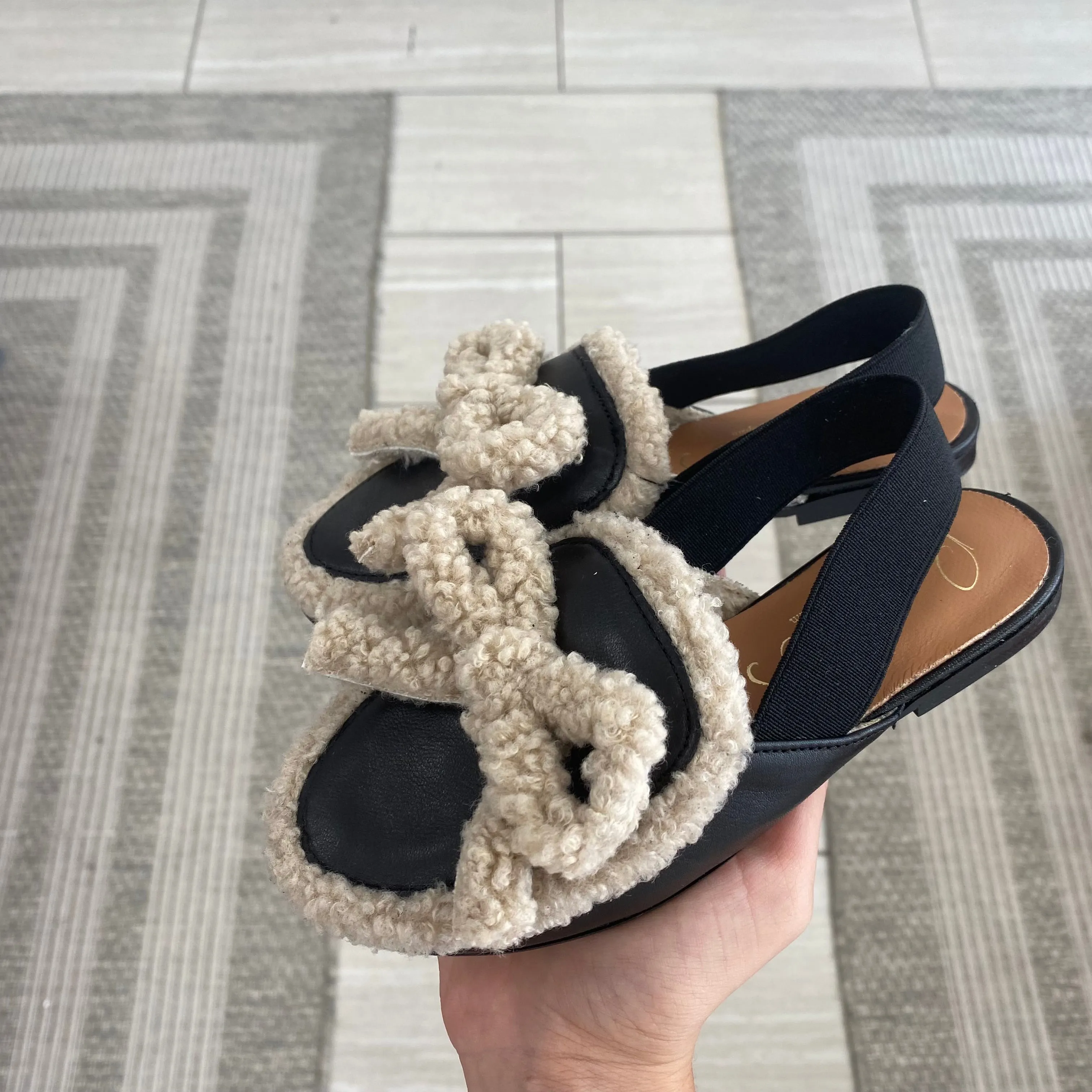 Papanatas Black and White Shearling Bow Mule