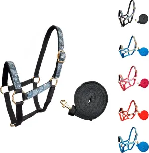 Patterned Nylon Mini Horse Halters with Padded Noseband and Matching 7’ Soft Grip Lead Rope - 6 Month Warranty