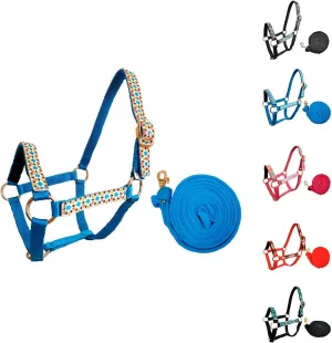 Patterned Nylon Mini Horse Halters with Padded Noseband and Matching 7’ Soft Grip Lead Rope - 6 Month Warranty