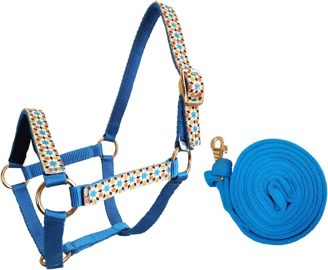Patterned Nylon Mini Horse Halters with Padded Noseband and Matching 7’ Soft Grip Lead Rope - 6 Month Warranty