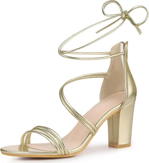 Perphy Open Toe Strappy Lace Up Chunky Heel Sandals for Women