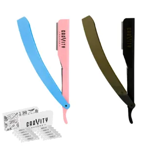 Professional Straight Razor Bundle - Stainless Steel Straight Edge Razor with 20 Gravity Premium Blades (Spun Sugar, Kingsman)