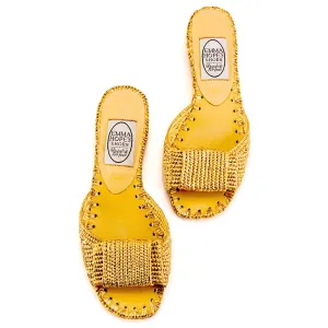 Raffia Open Flat Bow Mule-Gold