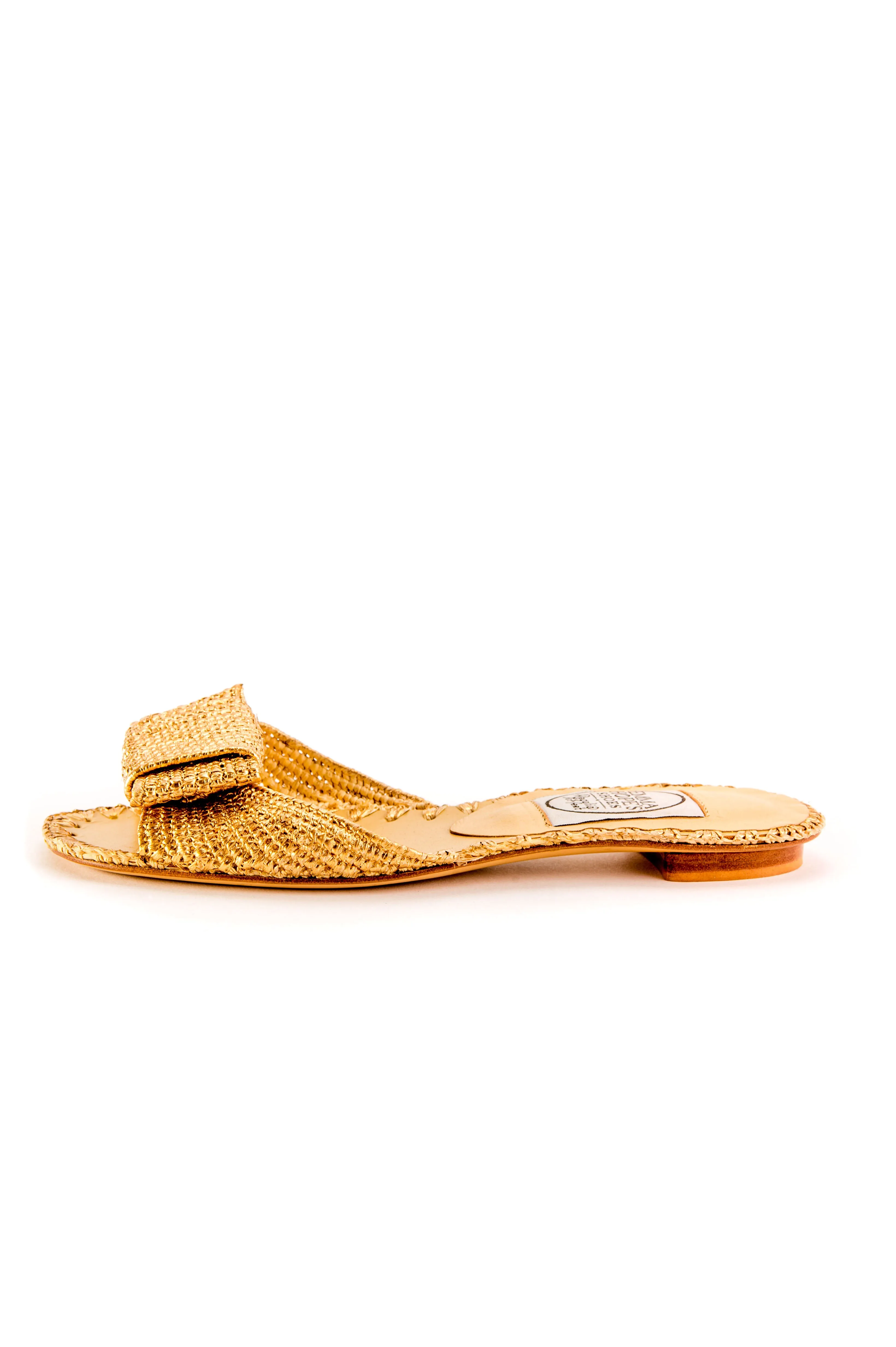 Raffia Open Flat Bow Mule-Gold