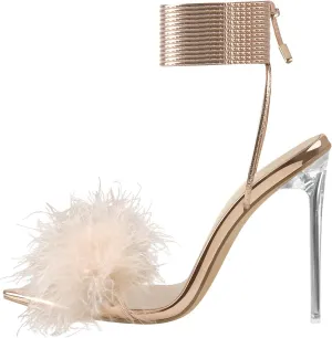 Richealnana Women's Fluffy Feather Pointed Toe Clear Heels Sandals
