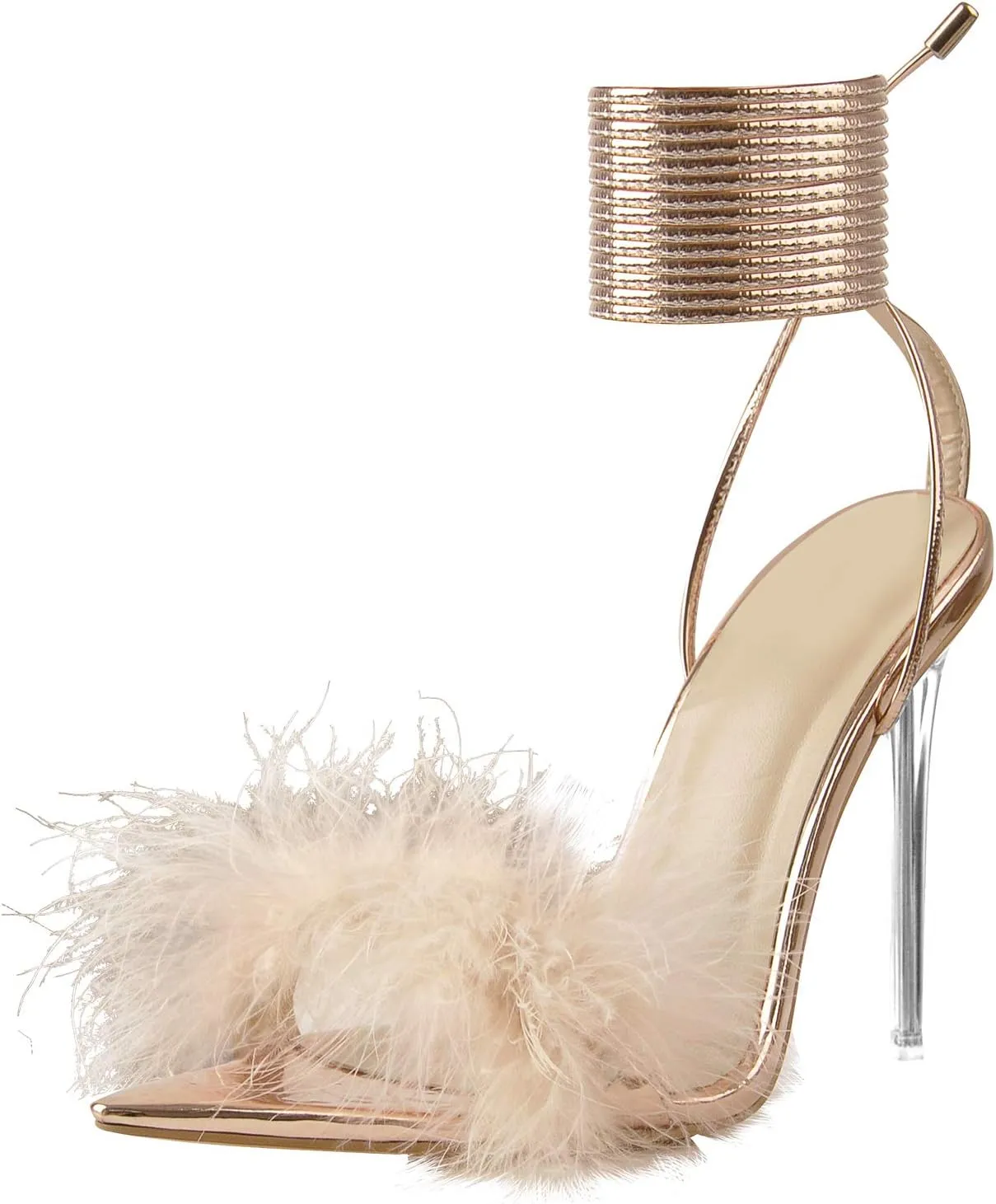 Richealnana Women's Fluffy Feather Pointed Toe Clear Heels Sandals