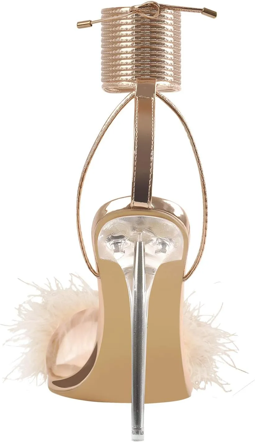 Richealnana Women's Fluffy Feather Pointed Toe Clear Heels Sandals