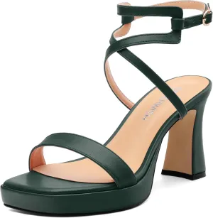ROSERWISH Platform Heels for Women Strappy High Heel Sandals Square Open Toe Chunky Heels Ankle Strap Womens Wedding Party Dress Shoes