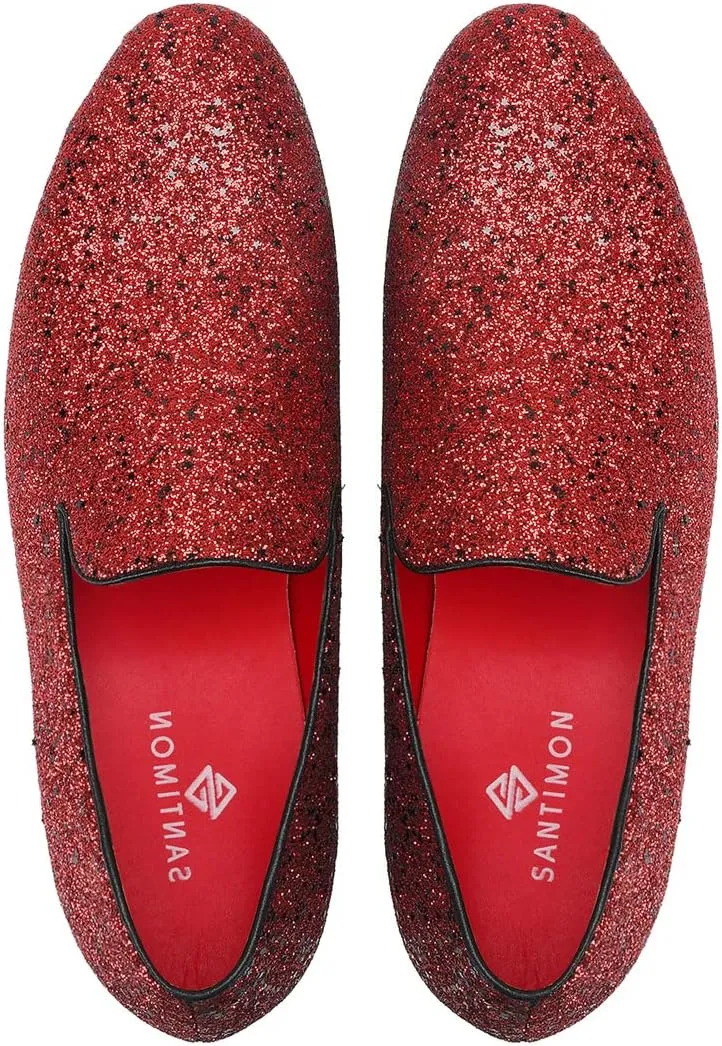 Santimon Mens Smoking Slipper Metallic Sparkling Glitter Tuxedo Slip on Dress Loafers Shoes