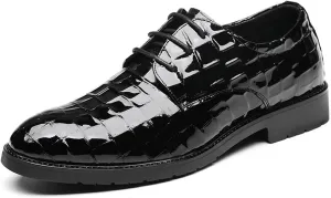 Single Season Dress Oxford Shoes for Men Lace Up Round Toe Plaid Print Derby Shoes Patent Leather Anti-Slip Low Top Non Slip Resistant Classic Very Popular Among Young People