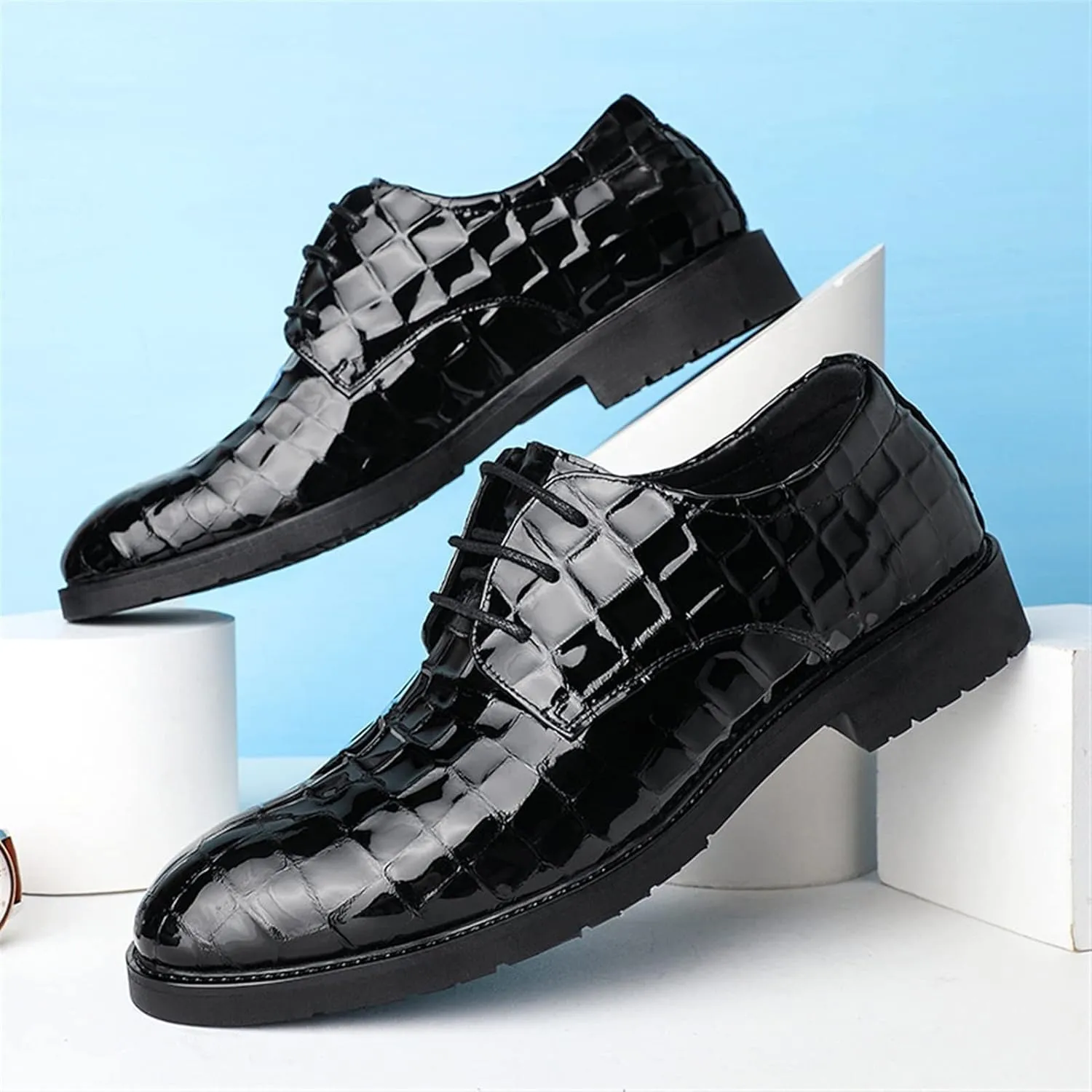 Single Season Dress Oxford Shoes for Men Lace Up Round Toe Plaid Print Derby Shoes Patent Leather Anti-Slip Low Top Non Slip Resistant Classic Very Popular Among Young People