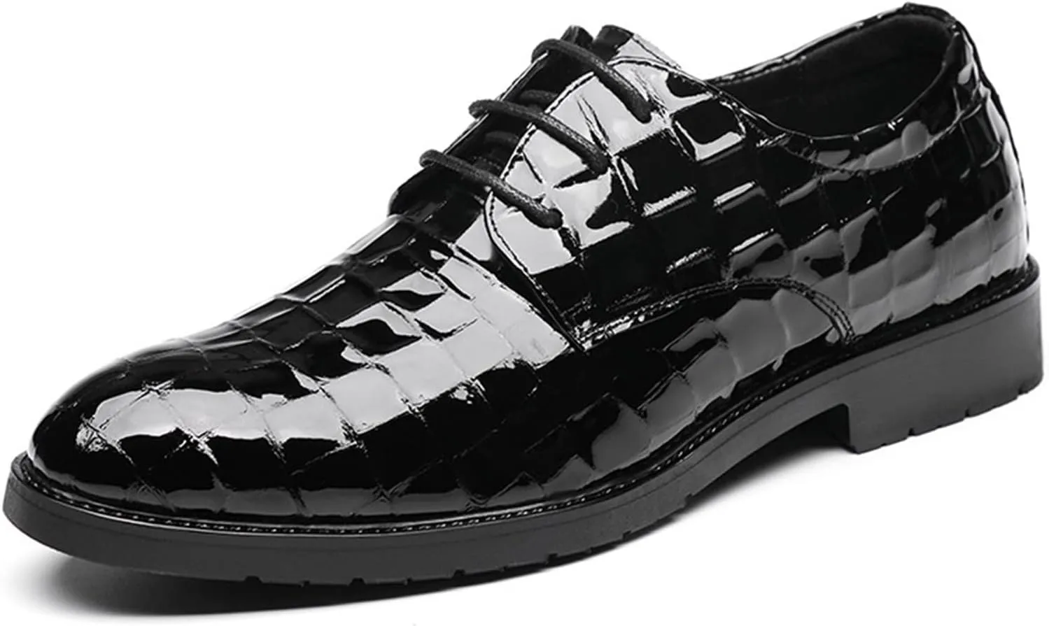 Single Season Dress Oxford Shoes for Men Lace Up Round Toe Plaid Print Derby Shoes Patent Leather Anti-Slip Low Top Non Slip Resistant Classic Very Popular Among Young People