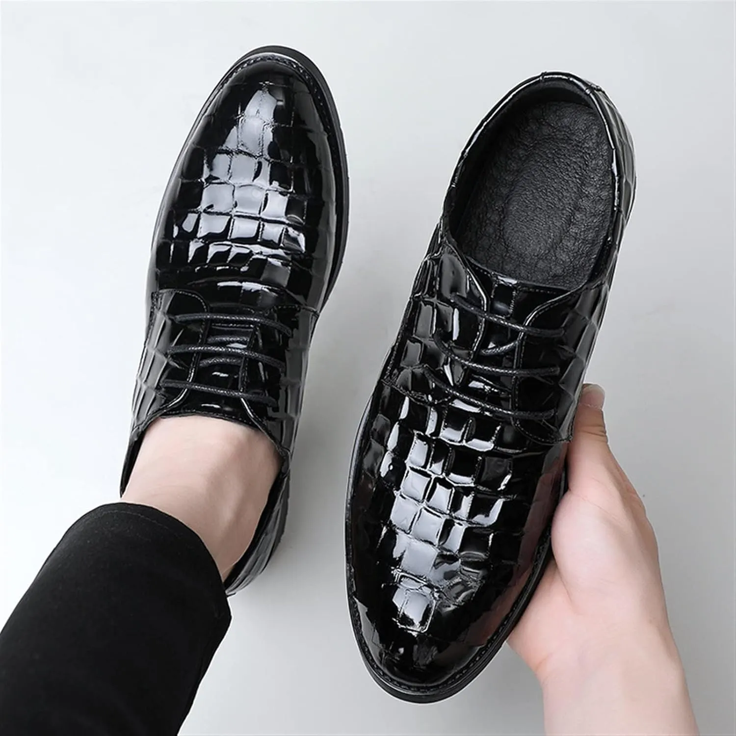 Single Season Dress Oxford Shoes for Men Lace Up Round Toe Plaid Print Derby Shoes Patent Leather Anti-Slip Low Top Non Slip Resistant Classic Very Popular Among Young People