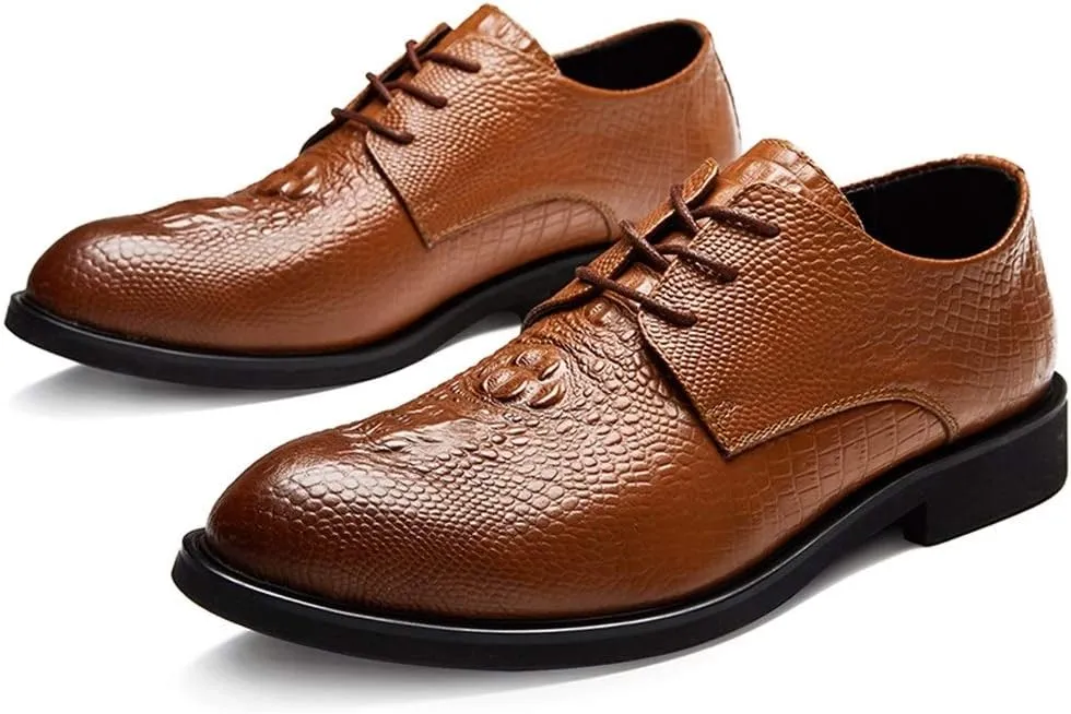 Single Season Formal Oxford Shoes for Men Lace Up Crocodile Print Derby Shoes Cowhide Block Heel Anti-Slip Rubber Sole Non Slip Low Top Prom Very Popular Among Young People