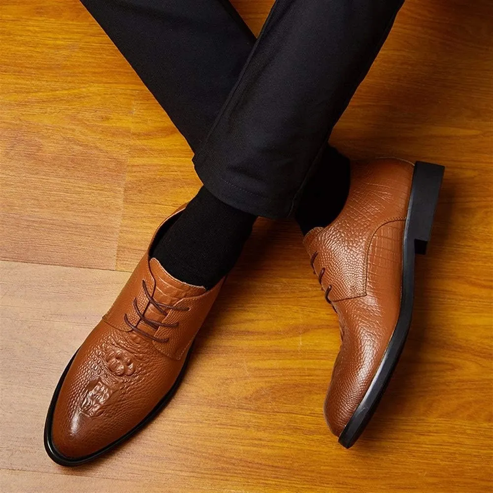 Single Season Formal Oxford Shoes for Men Lace Up Crocodile Print Derby Shoes Cowhide Block Heel Anti-Slip Rubber Sole Non Slip Low Top Prom Very Popular Among Young People