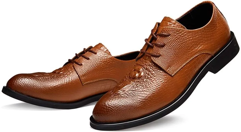Single Season Formal Oxford Shoes for Men Lace Up Crocodile Print Derby Shoes Cowhide Block Heel Anti-Slip Rubber Sole Non Slip Low Top Prom Very Popular Among Young People