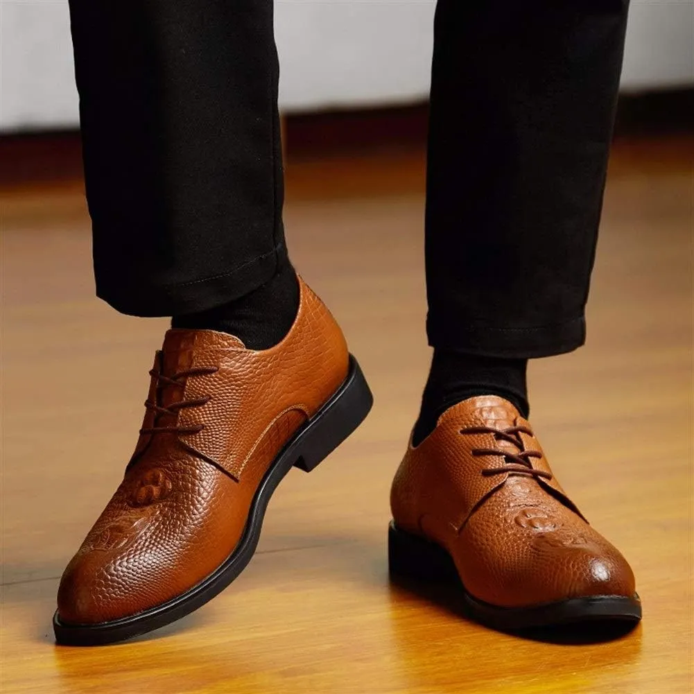 Single Season Formal Oxford Shoes for Men Lace Up Crocodile Print Derby Shoes Cowhide Block Heel Anti-Slip Rubber Sole Non Slip Low Top Prom Very Popular Among Young People