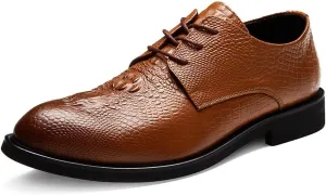 Single Season Formal Oxford Shoes for Men Lace Up Crocodile Print Derby Shoes Cowhide Block Heel Anti-Slip Rubber Sole Non Slip Low Top Prom Very Popular Among Young People
