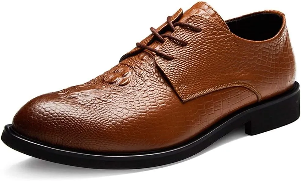 Single Season Formal Oxford Shoes for Men Lace Up Crocodile Print Derby Shoes Cowhide Block Heel Anti-Slip Rubber Sole Non Slip Low Top Prom Very Popular Among Young People