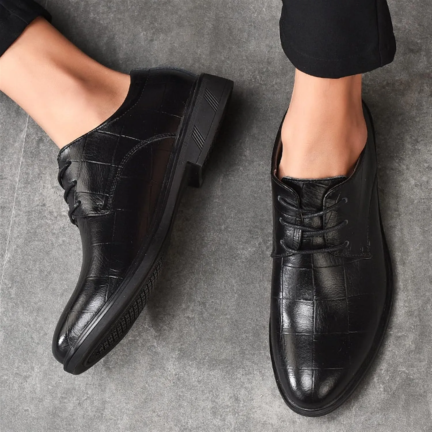 Single Season Formal Oxford Shoes for Men Lace Up Plaid Burnished Toe Derby Shoes Leather Low Top Rubber Sole Anti-Slip Resistant Non Slip Wedding Very Popular Among Young People