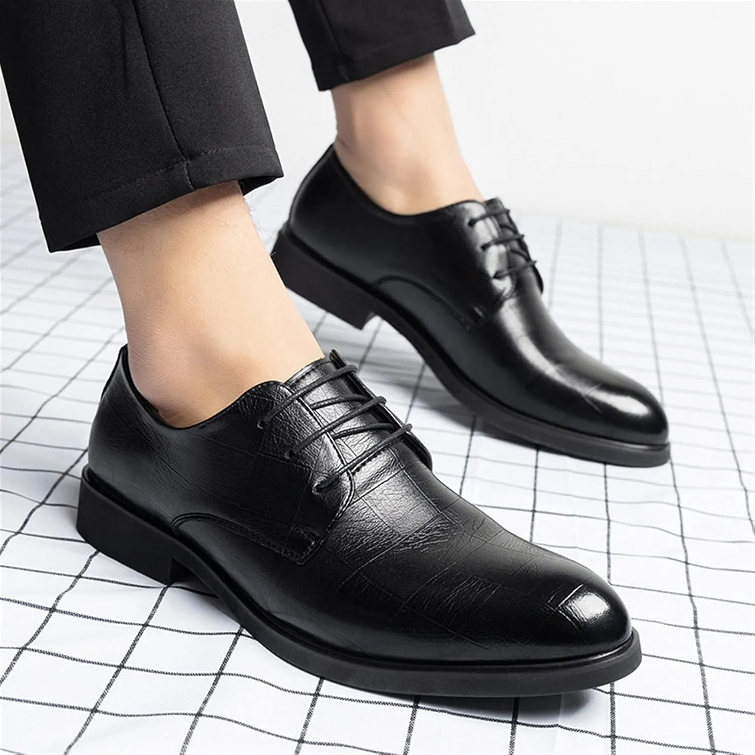 Single Season Formal Shoes Dress Oxford for Men Lace Up Round Toe Plaid Embossed Derby Shoes Faux Leather Block Heel Anti-Slip Low Top Rubber Sole Slip Resistant Very Popular Among Young