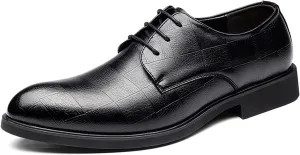 Single Season Formal Shoes Dress Oxford for Men Lace Up Round Toe Plaid Embossed Derby Shoes Faux Leather Block Heel Anti-Slip Low Top Rubber Sole Slip Resistant Very Popular Among Young