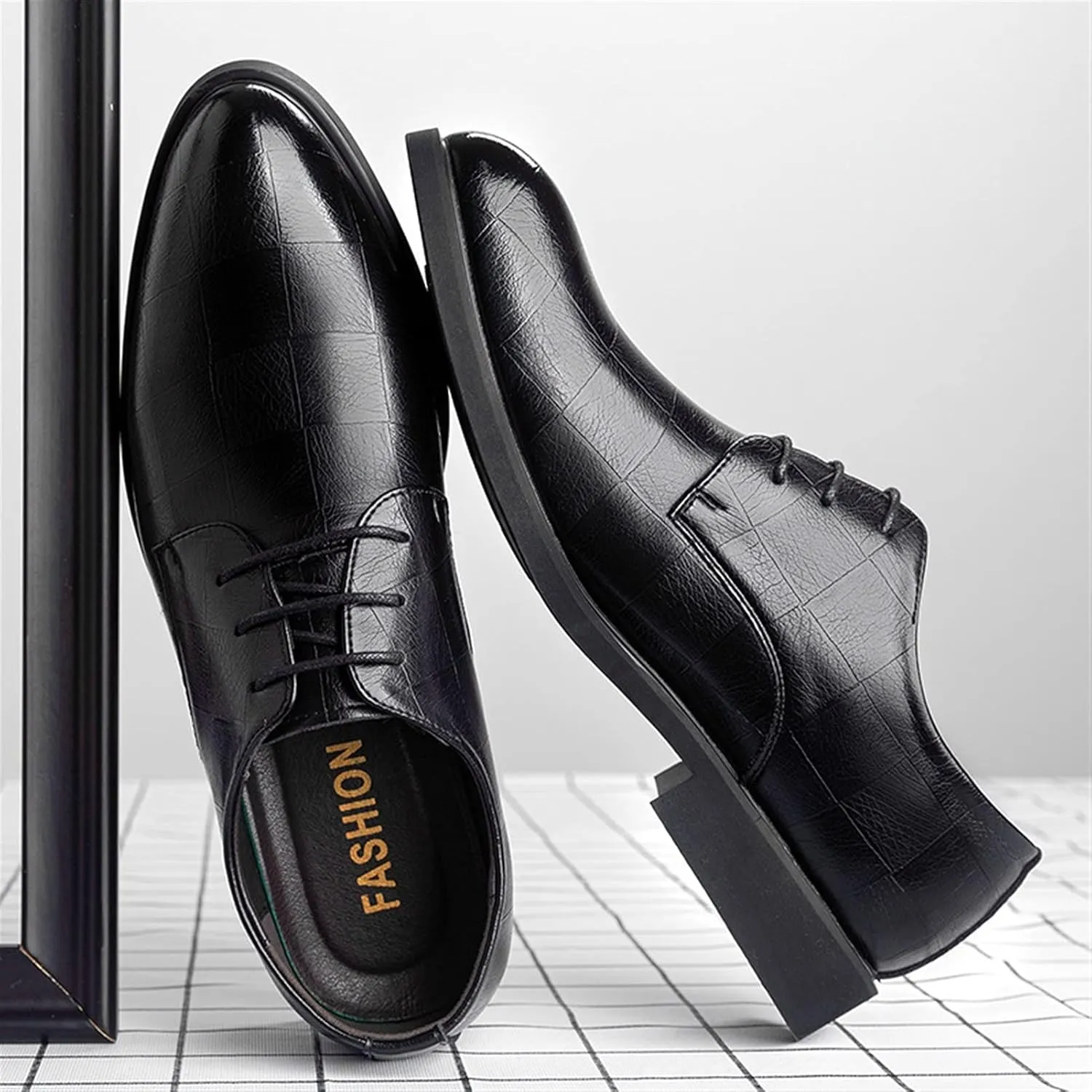 Single Season Formal Shoes Dress Oxford for Men Lace Up Round Toe Plaid Embossed Derby Shoes Faux Leather Block Heel Anti-Slip Low Top Rubber Sole Slip Resistant Very Popular Among Young