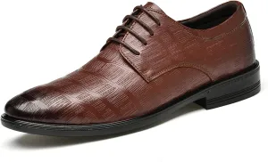 Single Season Formal Shoes for Men Lace Up Plaid Black Burnished Toe Derby Shoes Leather Block Heel Resistant Non Slip Low Top Classic Very Popular Among Young People