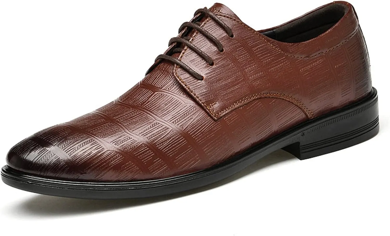 Single Season Formal Shoes for Men Lace Up Plaid Black Burnished Toe Derby Shoes Leather Block Heel Resistant Non Slip Low Top Classic Very Popular Among Young People