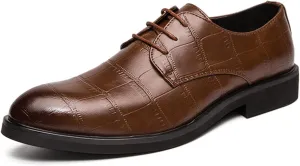 Single Season Formal Shoes for Men Lace Up Plaid Round Burnished Toe Derby Shoes Faux Leather Rubber Sole Block Heel Anti-Slip Classic Very Popular Among Young People