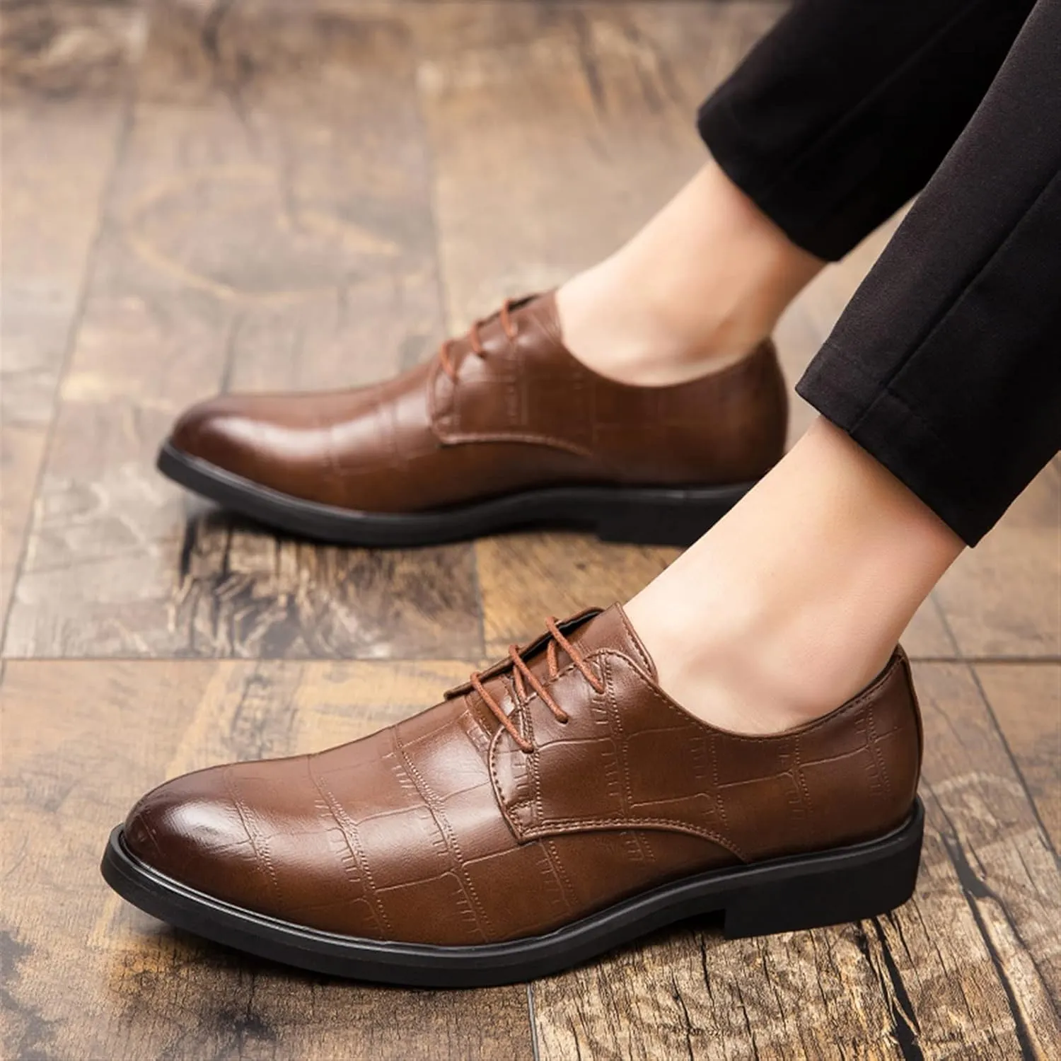 Single Season Formal Shoes for Men Lace Up Plaid Round Burnished Toe Derby Shoes Faux Leather Rubber Sole Block Heel Anti-Slip Classic Very Popular Among Young People