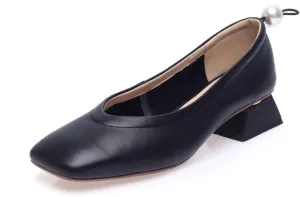 TinaCus Genuine Leather Women's Handmade Square Toe Low Chunky Heel Slip On Loafer Pump Shoes with Pearl