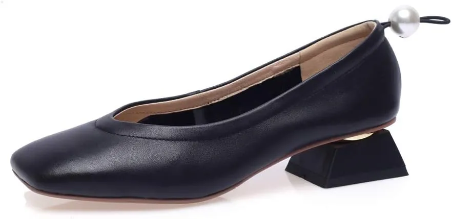 TinaCus Genuine Leather Women's Handmade Square Toe Low Chunky Heel Slip On Loafer Pump Shoes with Pearl