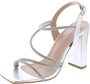 TOP Moda Women's Open Toe Chunky High Heel Ankle Strap Rhinestone Sandals