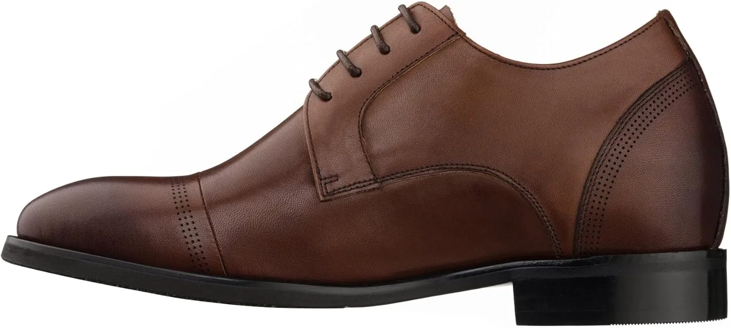 TOTO Men's Invisible Height Increasing Elevator Shoes - Dark Brown Premium Leather Lace-up Micro-Perforated Formal Derby Oxfords - 2.8 Inches Taller - K9278- Size 7.5 D(M) US