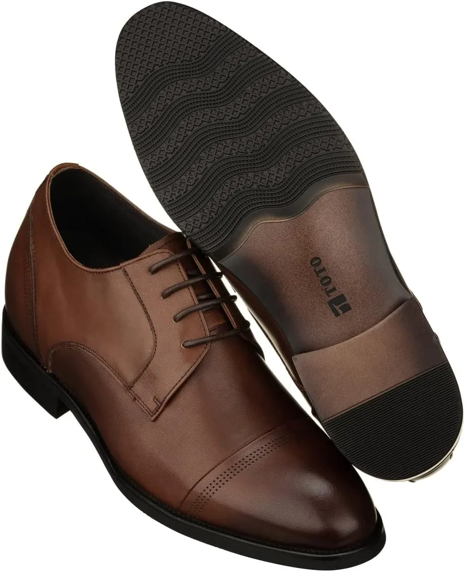 TOTO Men's Invisible Height Increasing Elevator Shoes - Dark Brown Premium Leather Lace-up Micro-Perforated Formal Derby Oxfords - 2.8 Inches Taller - K9278- Size 7.5 D(M) US